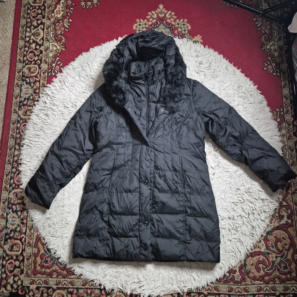 Womens Vintage Larry Levine Down Jacket Coat Faux Fur Trim Black Size XL Y2K ✨️